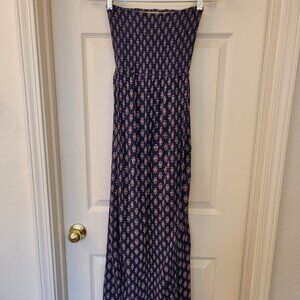 Small Skylar&Madison navy blue strapless maxi dress high slit cream floral print